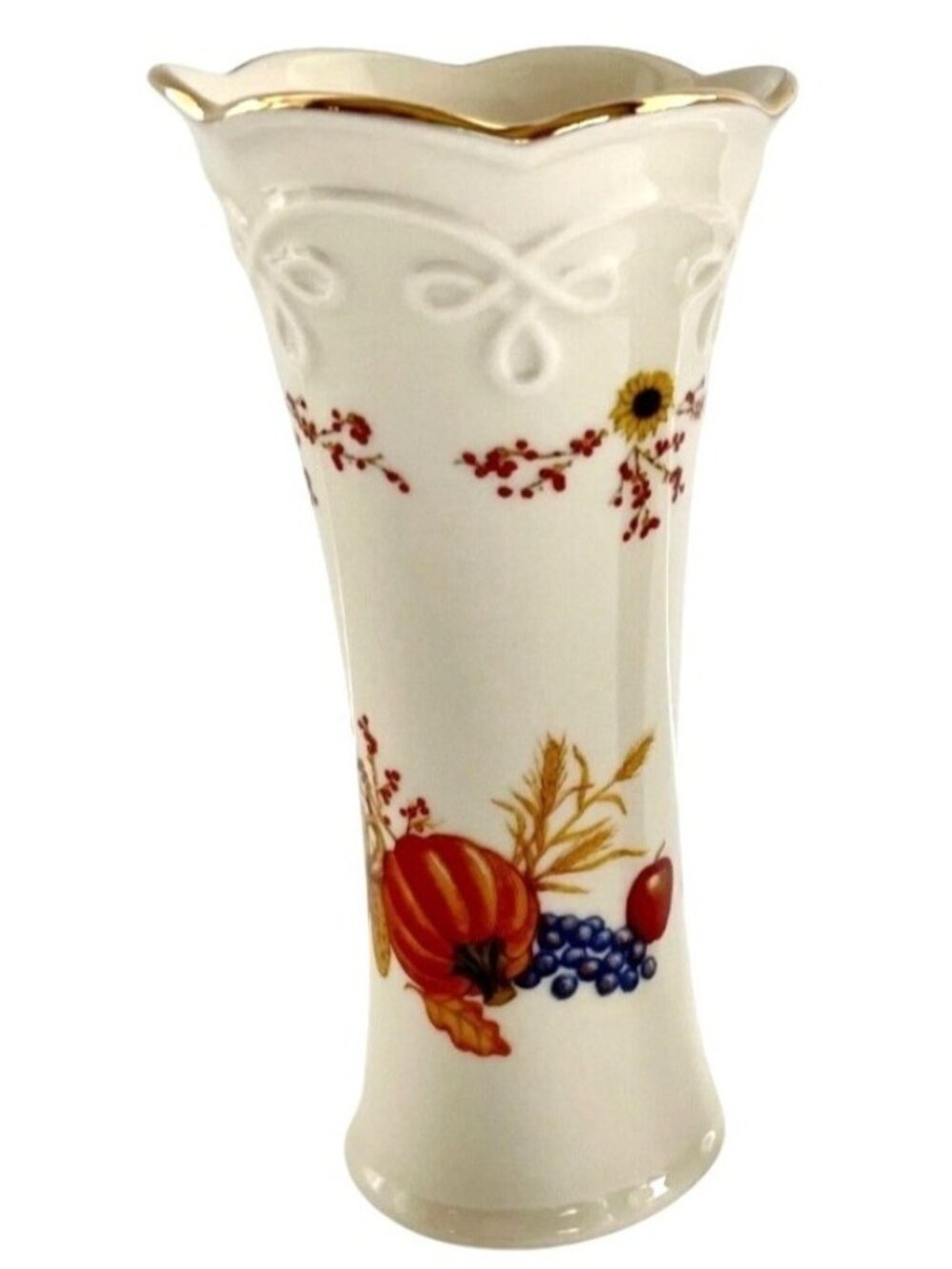 Vintage Lenox Fall Harvest Design Bud Vase 5" Gold Trim Pumpkin Sunflower China - Picture 6 of 16